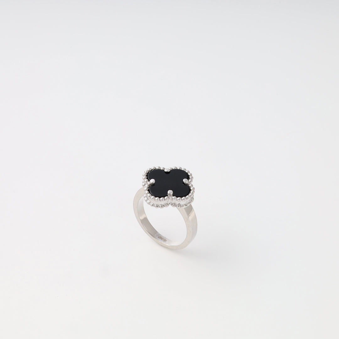 Sterling silver ring with black clover stone on white background, Ukrainian Jewelry silver fashion ring gift.