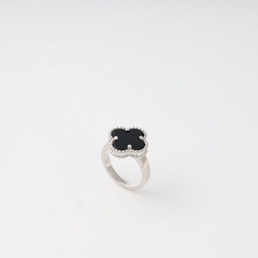 Sterling silver ring with black clover stone on white background, Ukrainian Jewelry silver fashion ring gift.