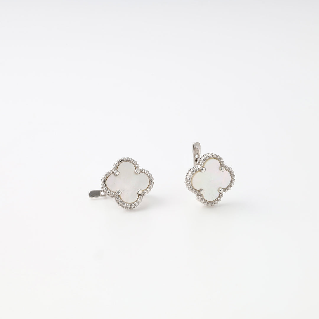 Sterling silver clover stud earrings with white mother of pearl, minimalist Ukrainian Jewelry, silver earrings for women.