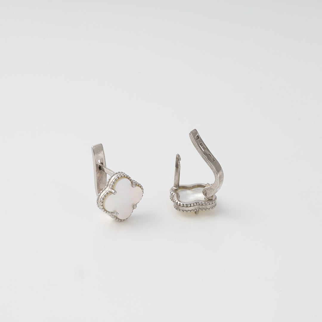 Sterling silver clover huggie earrings with white mother of pearl, Ukrainian Jewelry, elegant silver hoop earrings for women.