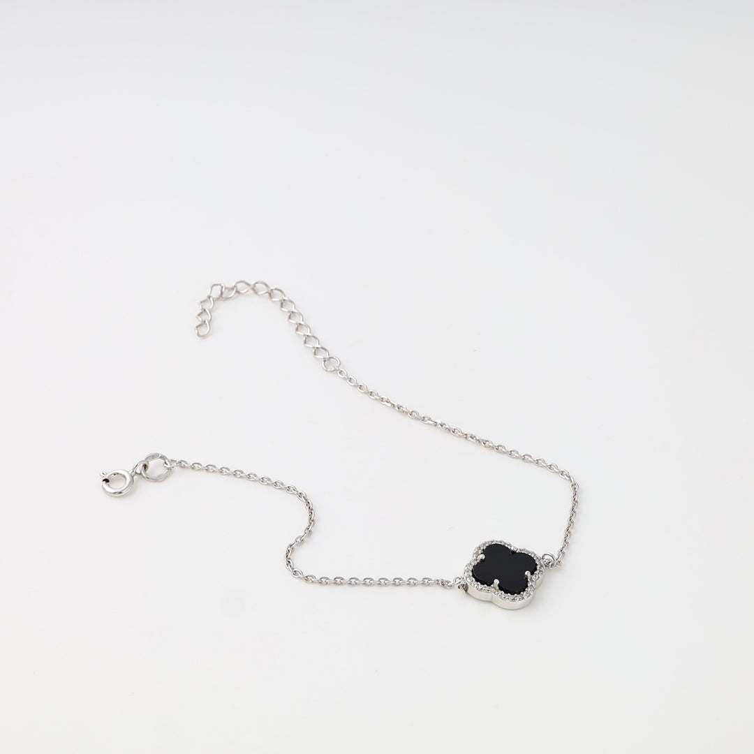 Sterling silver bracelet with black clover charm on chain, minimalist Ukrainian Jewelry, dainty silver bracelet, black charm bracelet.