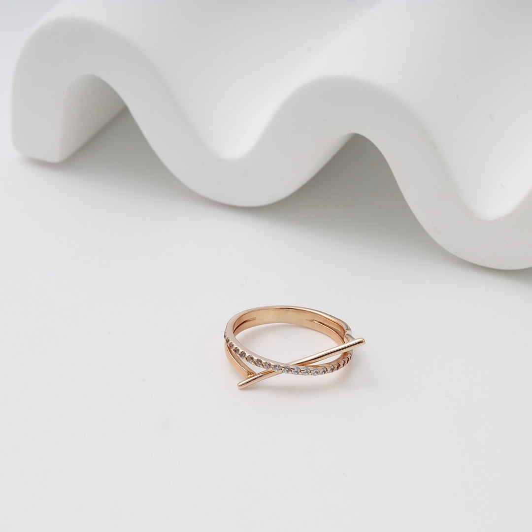 Rose gold ring with a crisscross band and small clear stones, dainty gold ring Ukrainian Jewelry for women, minimalist stacking ring.