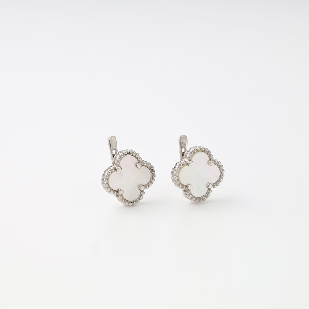 Sterling silver clover drop earrings with white mother of pearl inlay on white background, Ukrainian Jewelry, silver dangle earrings.