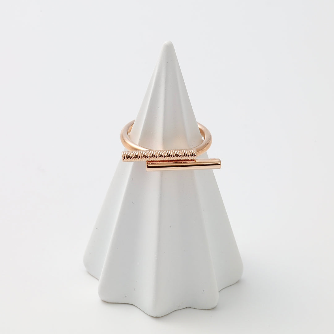 Minimalist 14k gold bar ring with textured band on display cone, modern stacking ring Ukrainian Jewelry for women.