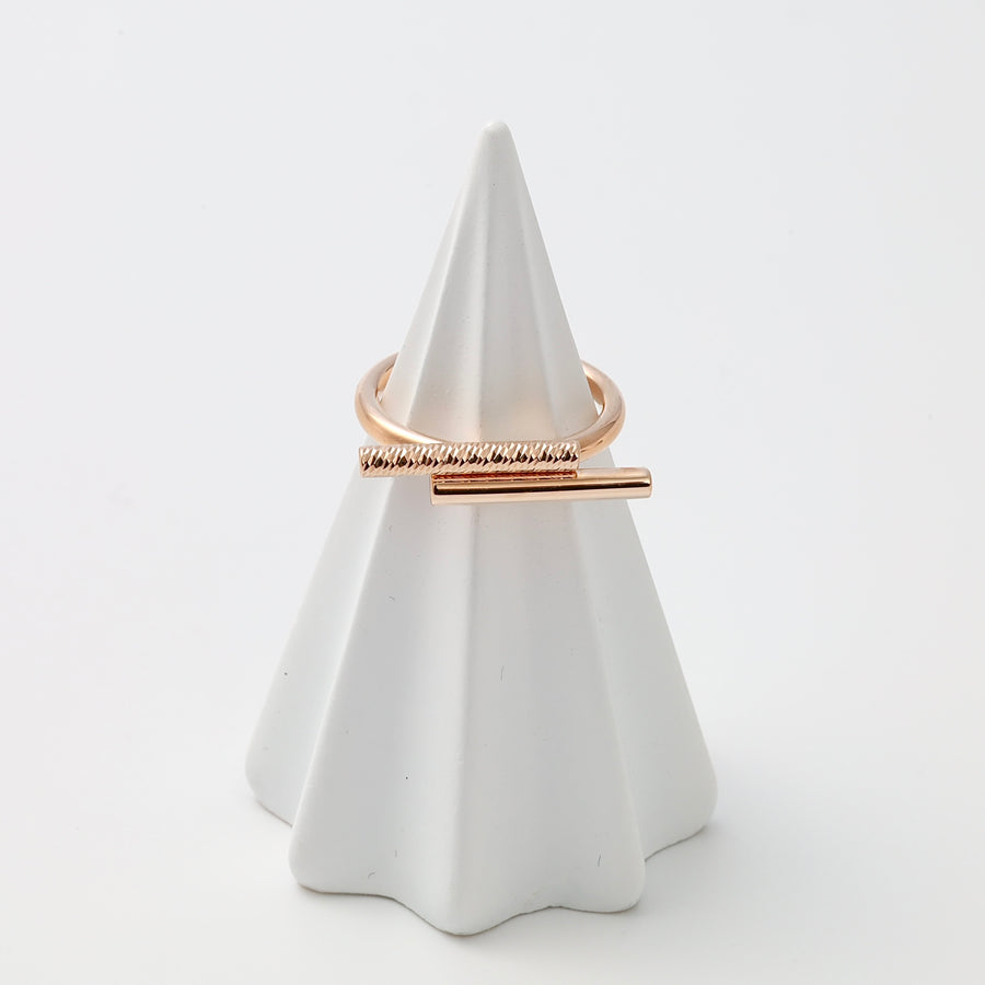 Minimalist 14k gold bar ring with textured band on display cone, modern stacking ring Ukrainian Jewelry for women.