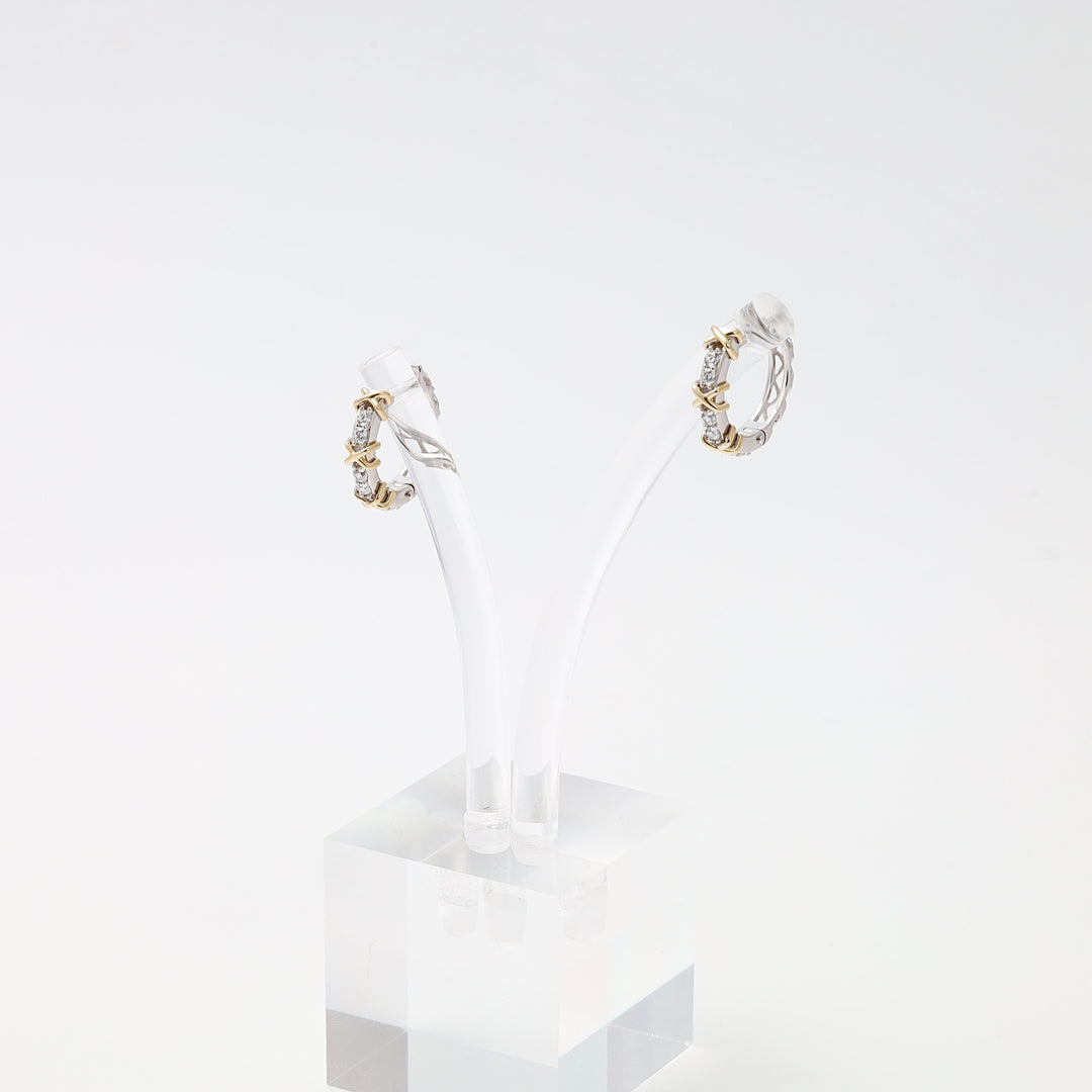 Sterling silver and 14k gold hoop earrings with crystal accents on clear stand, Ukrainian Jewelry, dainty mixed metal hoop earrings.