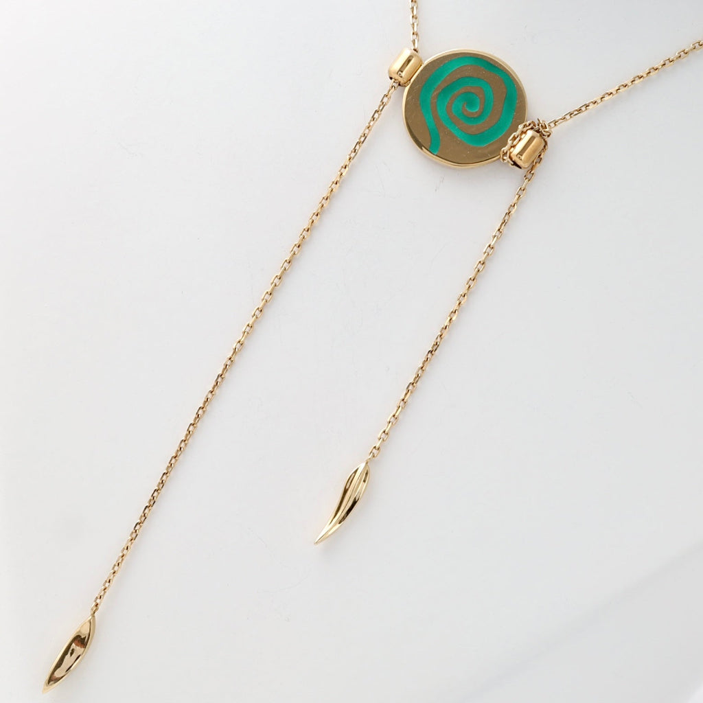 Gold lariat necklace with round teal spiral pendant and leaf drops, 14k gold chain, Ukrainian Jewelry, minimalist gold necklace.