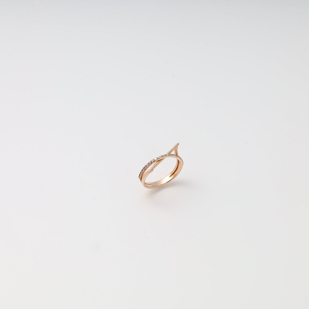 Single 14k gold ring with small clear stones on a white background, delicate stackable band, Ukrainian Jewelry engagement ring.