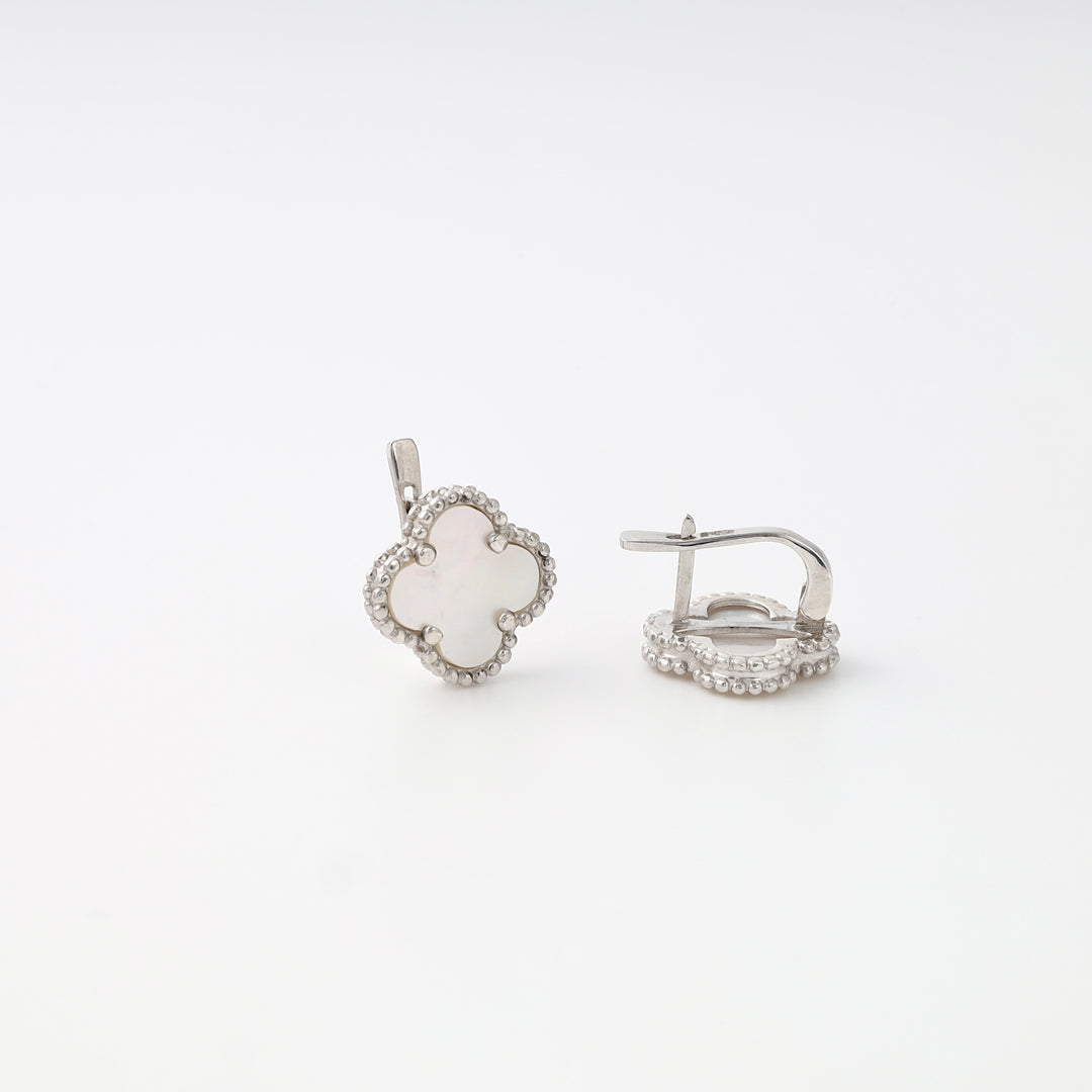 Sterling silver clover leverback earrings with white mother of pearl, Ukrainian Jewelry, dainty silver earrings for women.