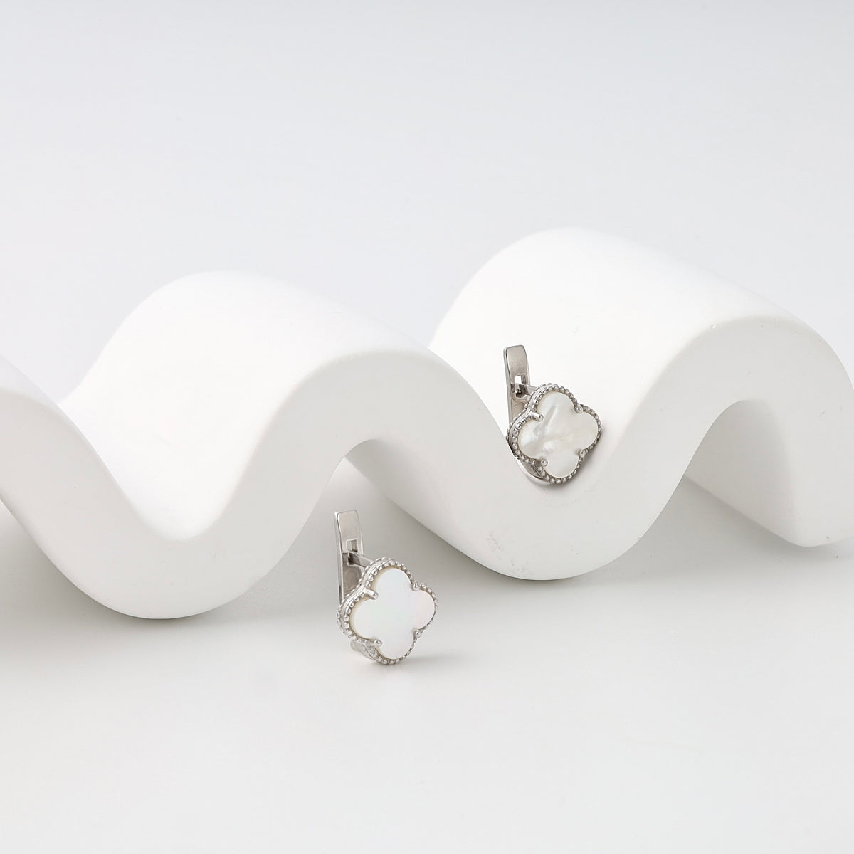 Sterling silver clover stud earrings with white enamel, clip back design, Ukrainian Jewelry, dainty silver earrings for women.