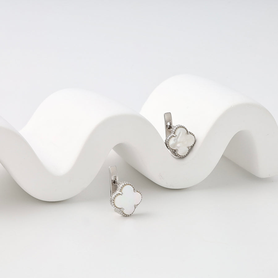 Sterling silver clover stud earrings with white enamel, clip back design, Ukrainian Jewelry, dainty silver earrings for women.