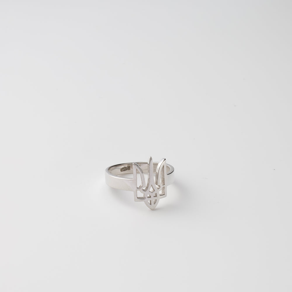 Sterling silver trident ring on white background, Ukrainian Jewelry, minimalist silver ring, national symbol gift.