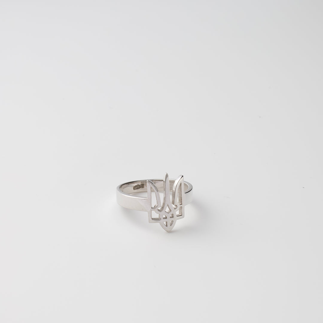 Sterling silver trident ring on white background, Ukrainian Jewelry, minimalist silver ring, national symbol gift.