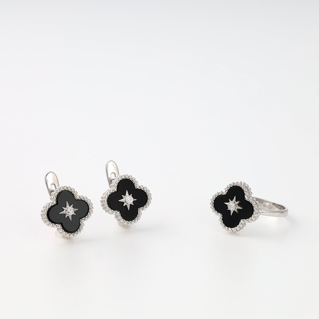 Sterling silver clover jewelry set with black enamel and star detail, earrings and ring, Ukrainian Jewelry, silver earrings and ring.