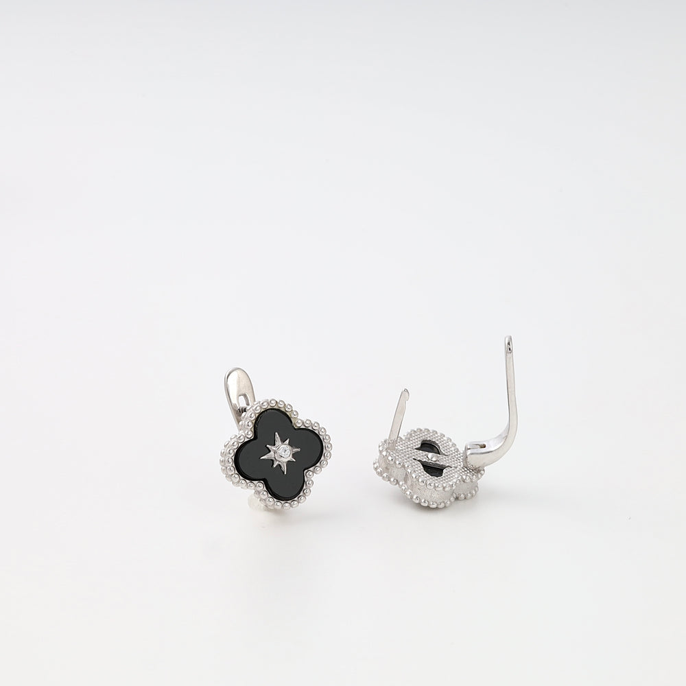 Sterling silver clover earrings with black enamel and star detail, leverback drop earrings, Ukrainian Jewelry for women.