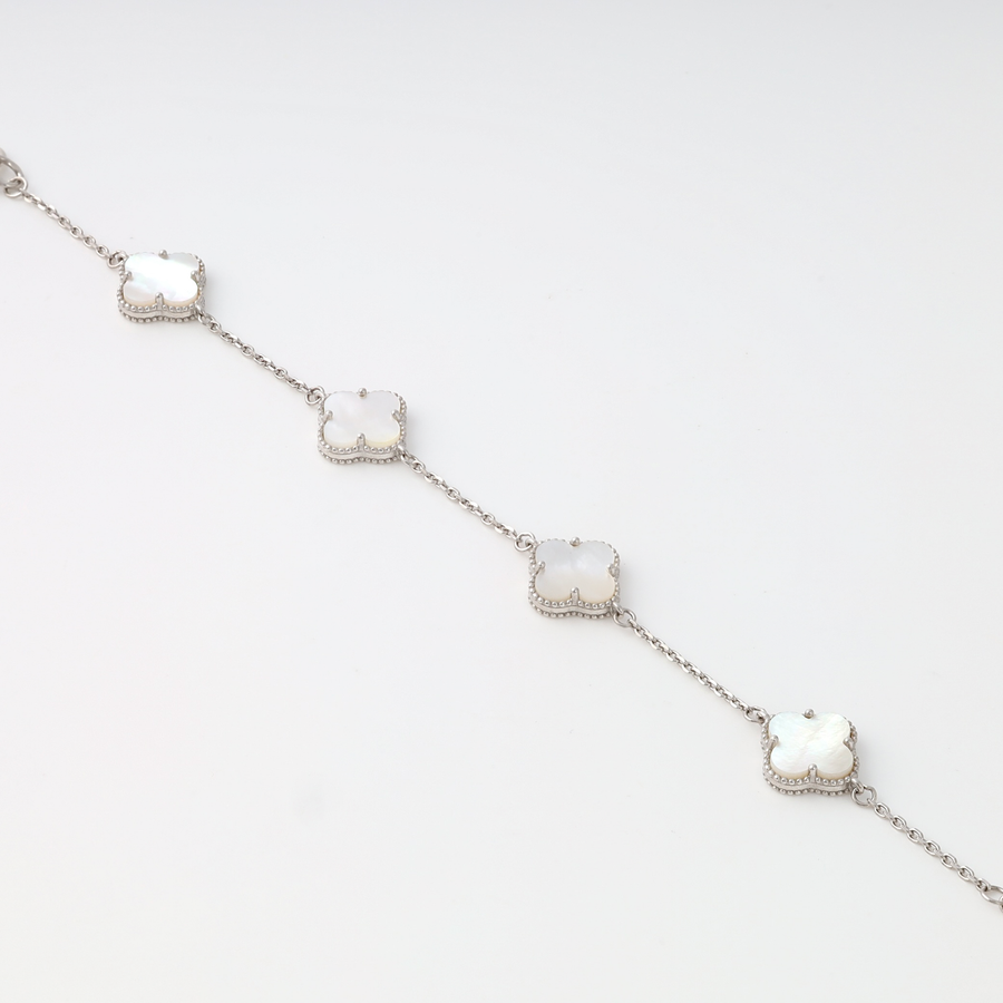 Sterling silver bracelet with four white clover charms, Ukrainian Jewelry, delicate silver chain, mother of pearl clover bracelet.