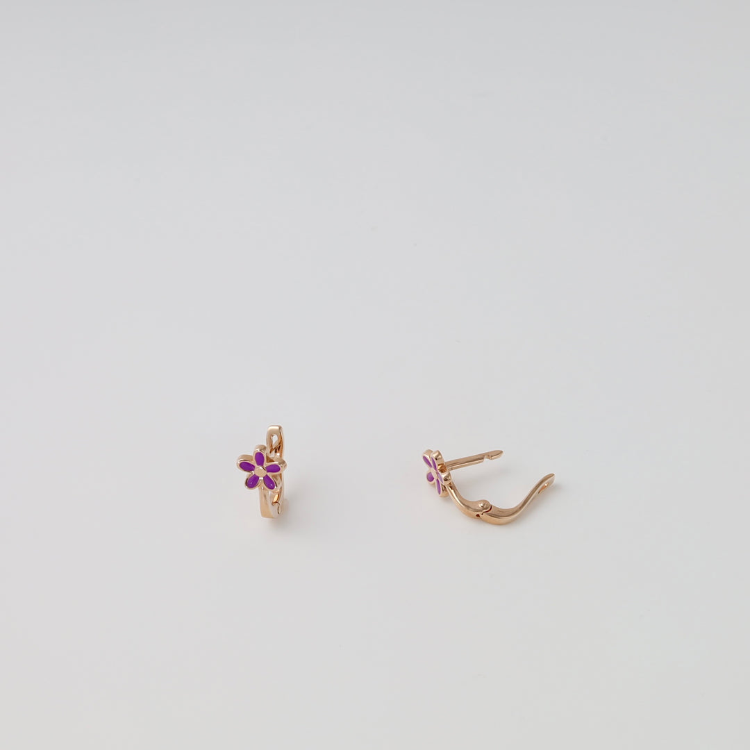 14k gold kids hoop earrings with purple enamel flower design on white background, Ukrainian Jewelry, floral gold earrings gift.