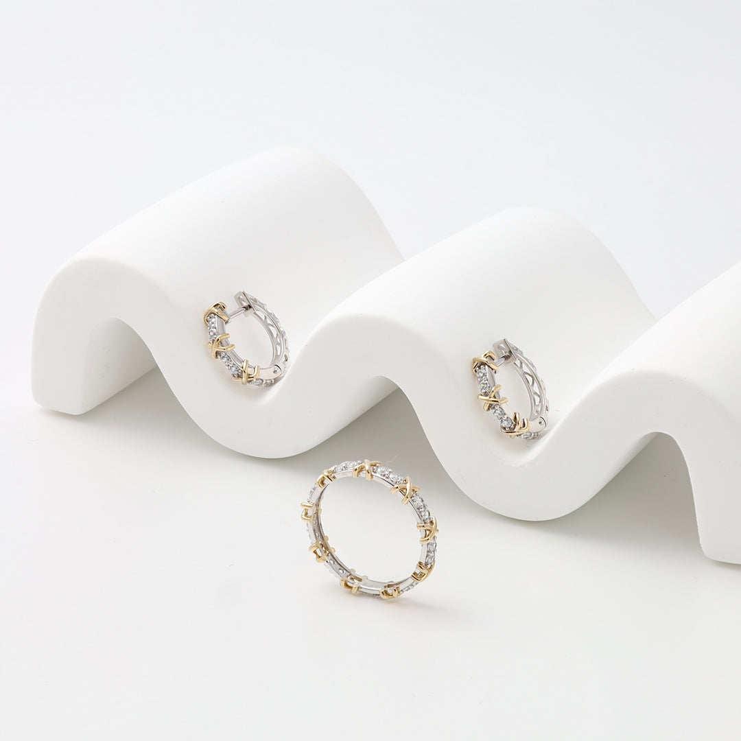 Sterling silver and 14k gold hoop earrings with clear stones on white display, Ukrainian Jewelry, crystal huggie hoops gift.