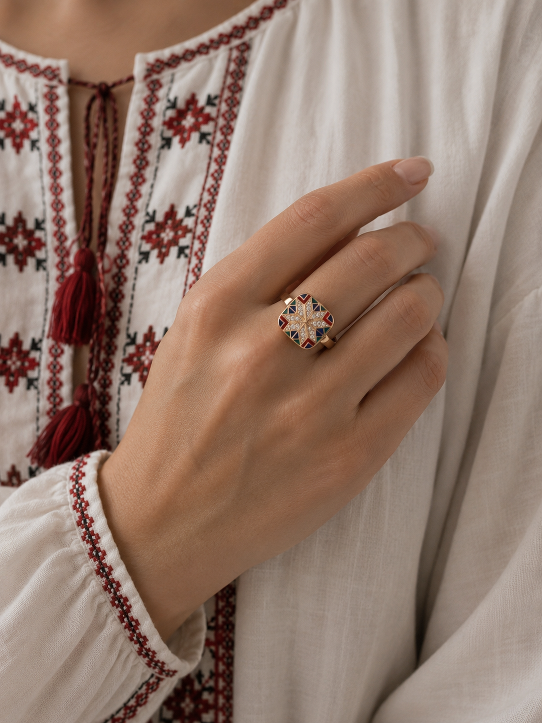 Rose Gold 14K (585) Enamel and Cubic Zirconia Ukrainian Ornament Ring | Ukrainian Jewelry