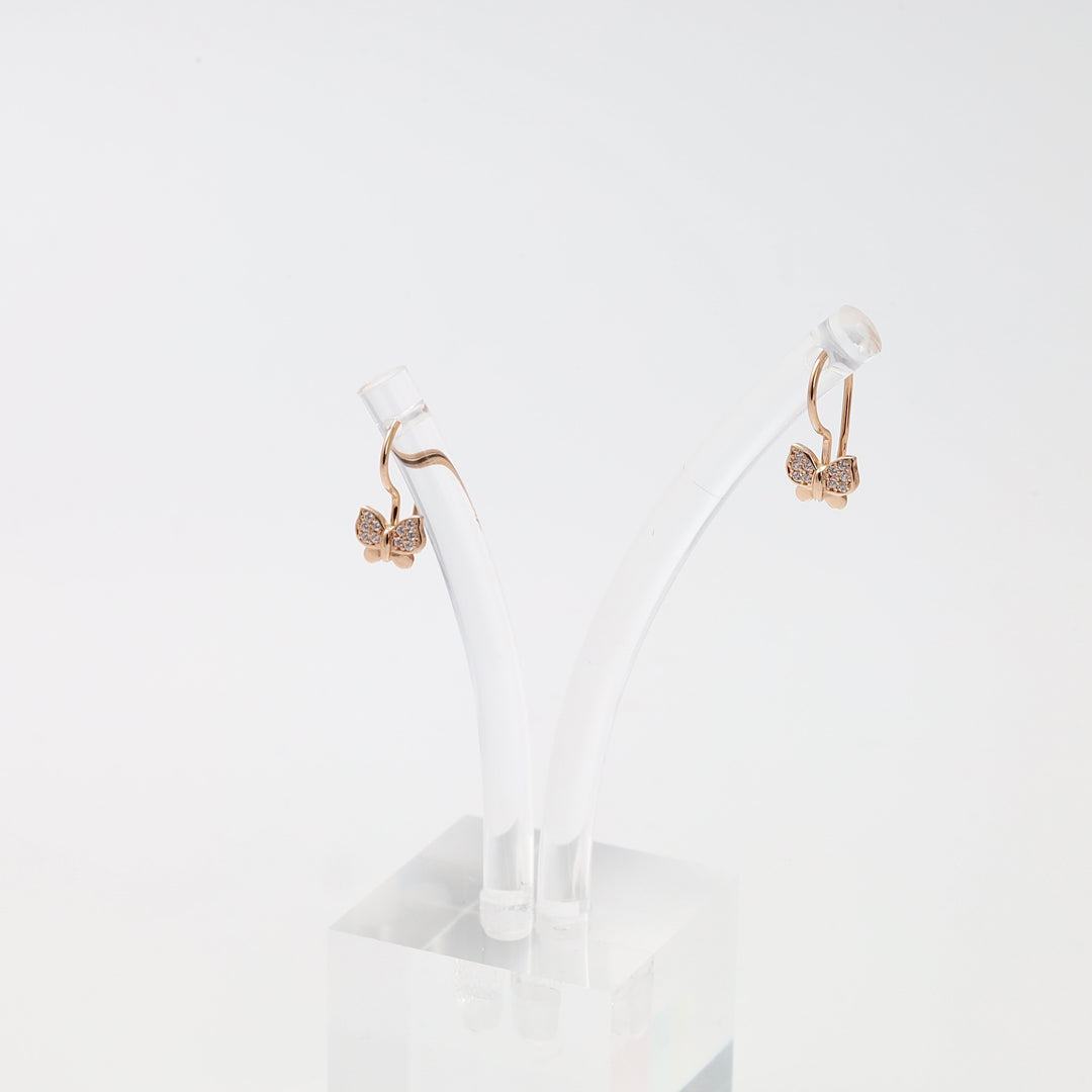 14k gold butterfly drop earrings with small crystals on a clear stand, delicate child hoop jewelry, Ukrainian Jewelry.