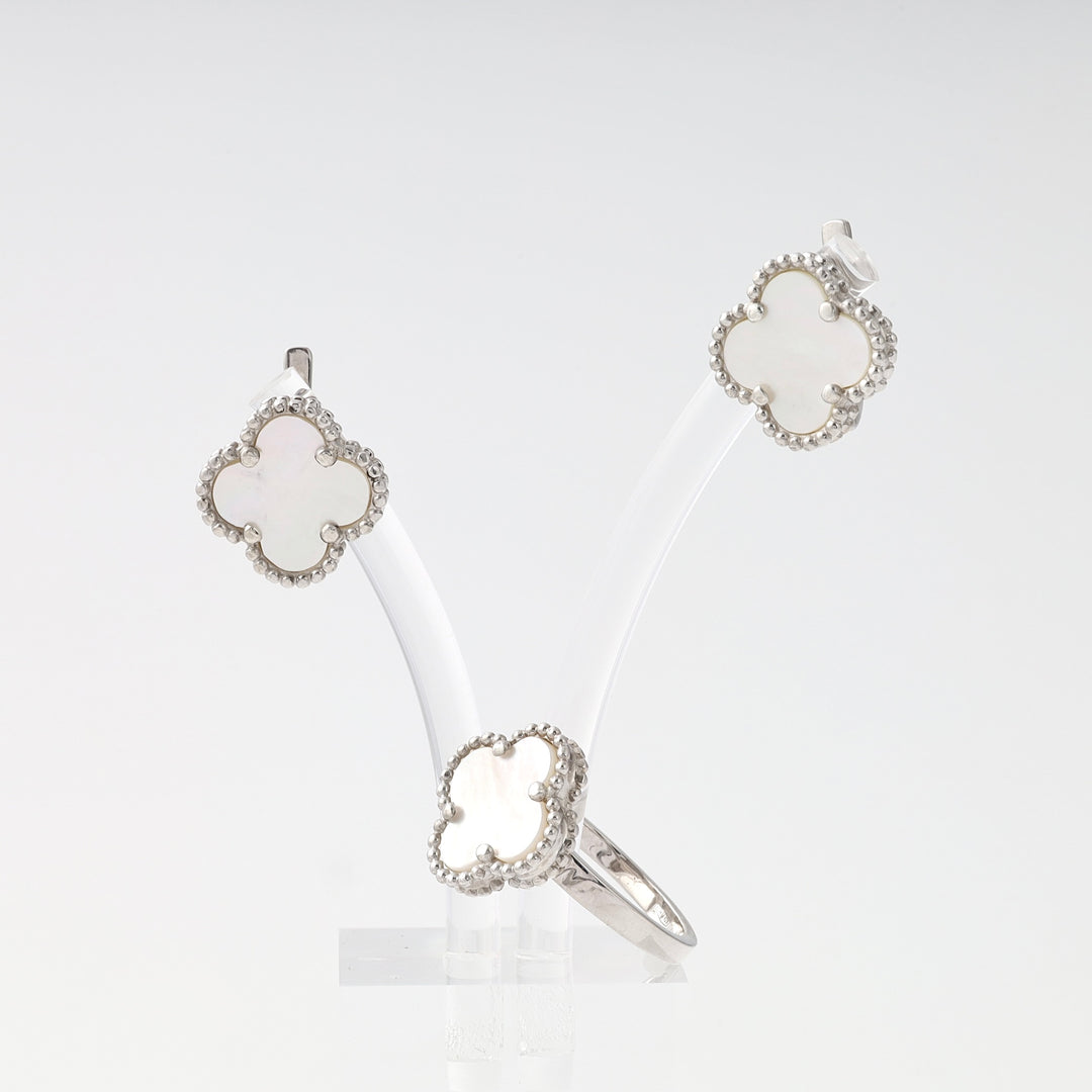 Sterling silver clover mother of pearl ring and stud earring set on display, Ukrainian Jewelry, silver clover jewelry gift.
