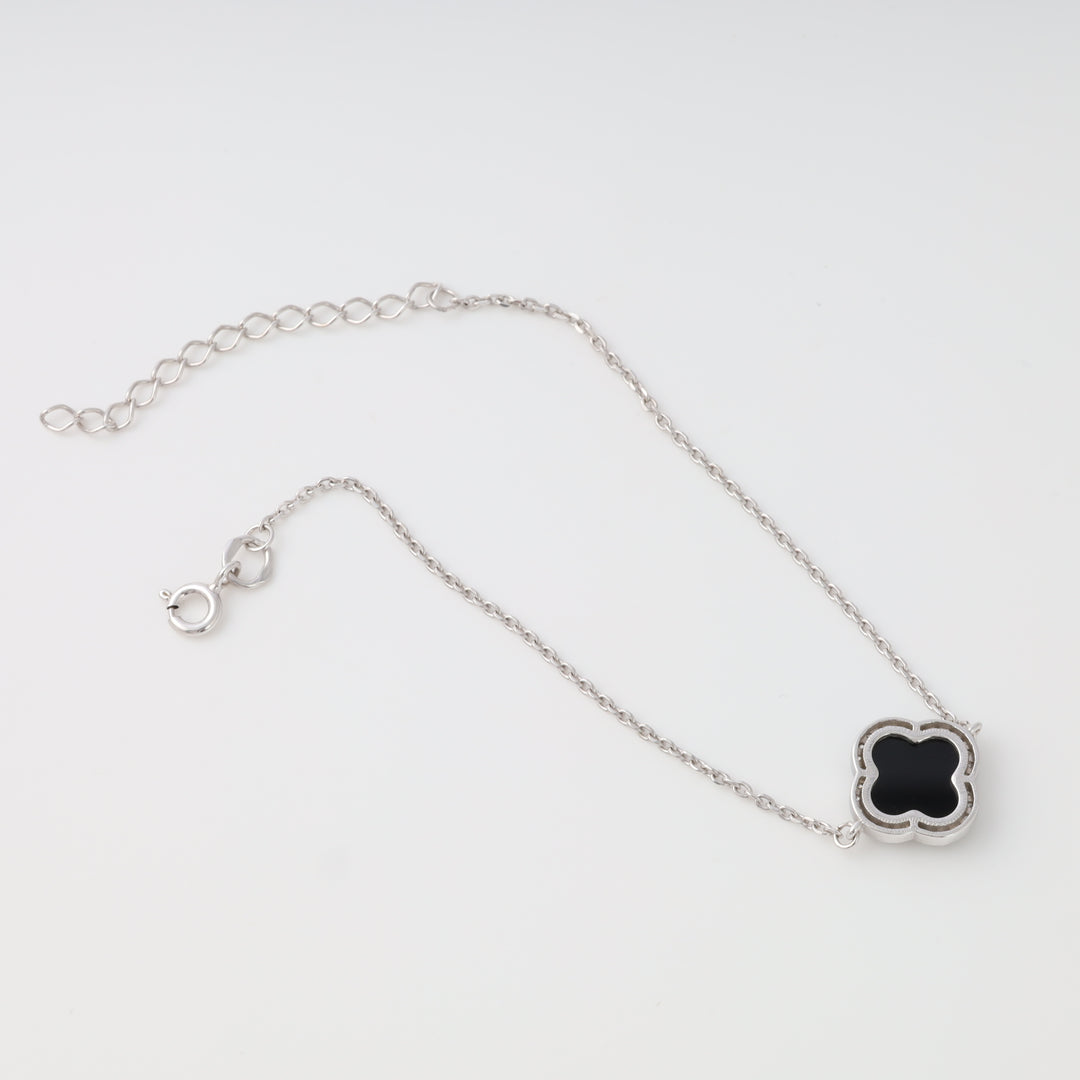 Sterling silver necklace with black clover pendant, adjustable chain, minimalist Ukrainian Jewelry, silver pendant necklace.