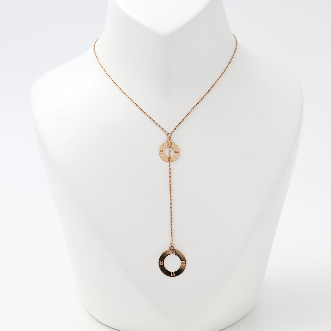Rose gold 14k gold lariat necklace with two open circle Roman numeral pendants, Ukrainian Jewelry, minimalist gold pendant necklace.
