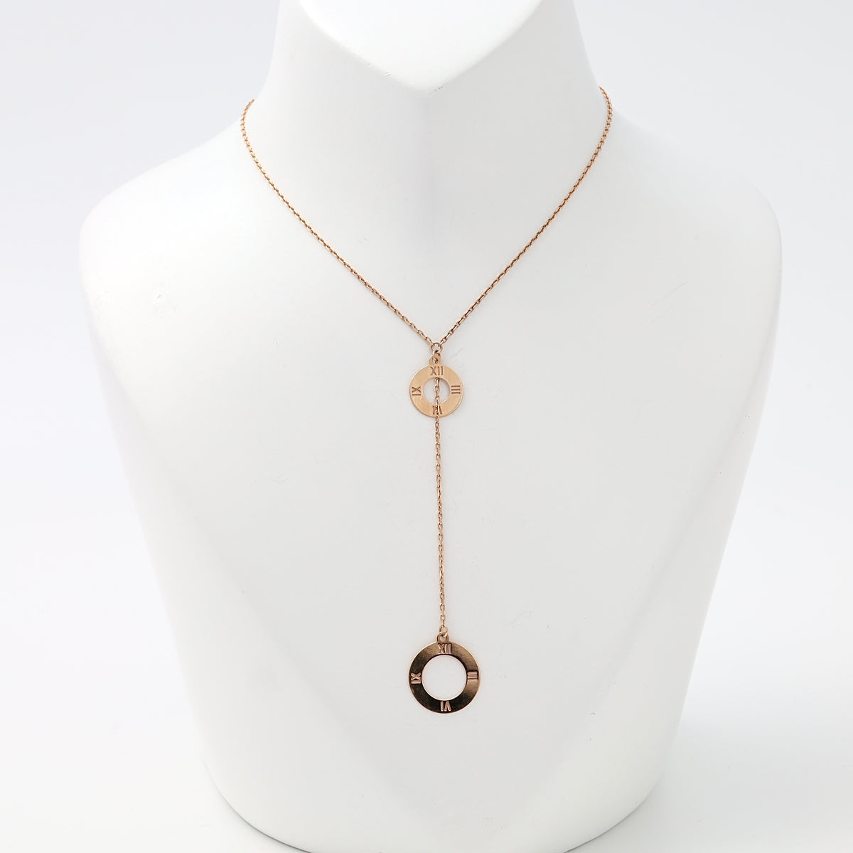 Rose gold 14k gold lariat necklace with two open circle Roman numeral pendants, Ukrainian Jewelry, minimalist gold pendant necklace.
