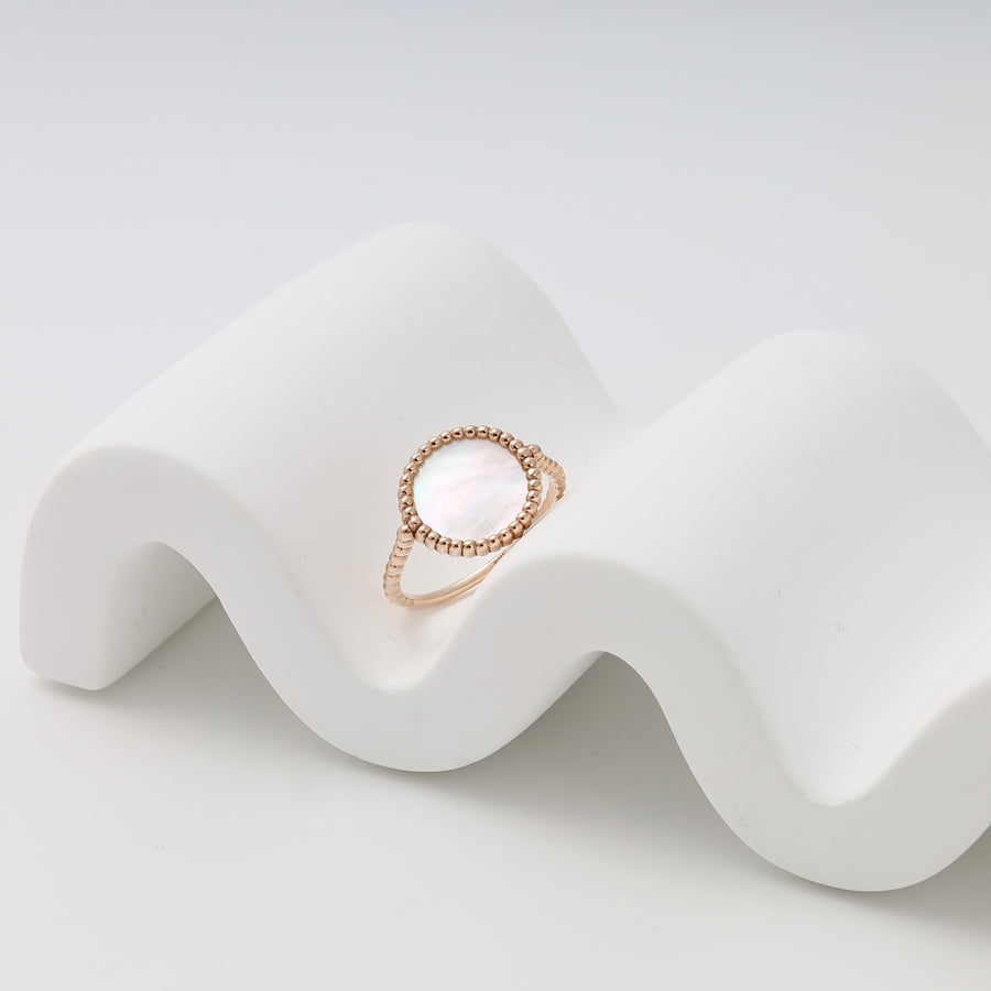 14k gold ring with round mother of pearl cabochon on sculpted display, Ukrainian Jewelry, minimalist pearl ring for women.