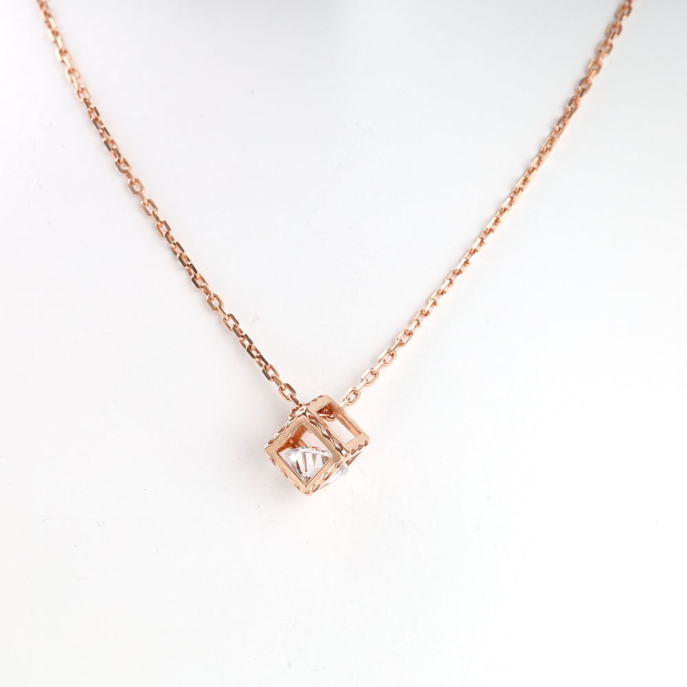 Rose gold chain necklace with a geometric square pendant holding a clear stone, minimalist jewelry, gift for her.