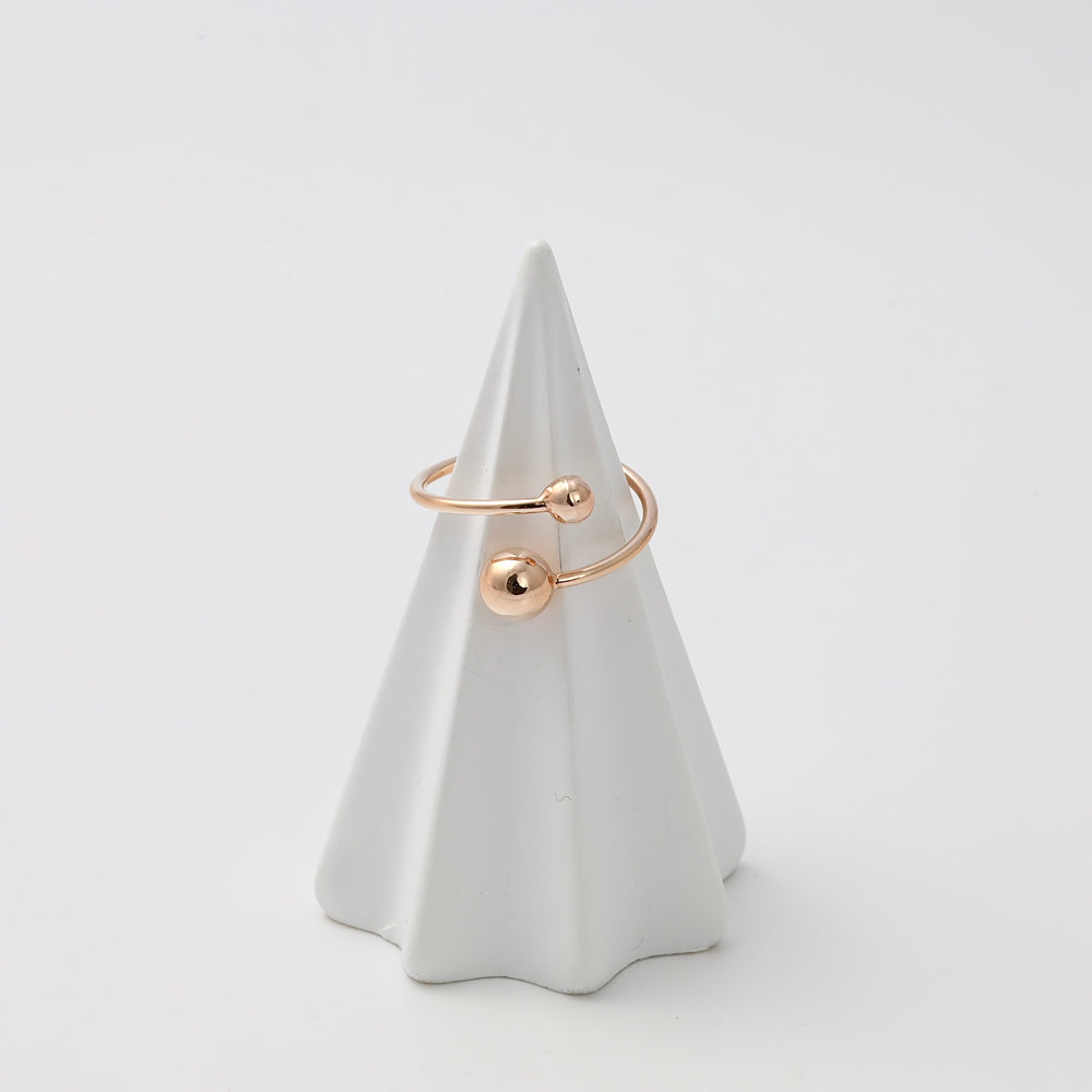 Minimalist 14k gold open ring with two bead ends on ceramic stand, Ukrainian Jewelry, dainty gold stacking ring gift for women.