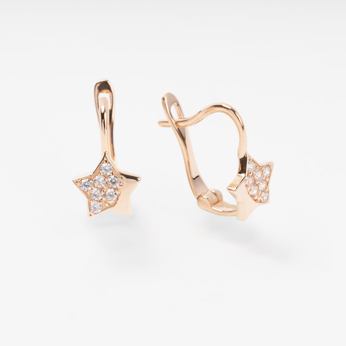 Rose gold star dangle earrings with clear stones, 14k gold hoop earrings, Ukrainian Jewelry for women’s everyday wear.
