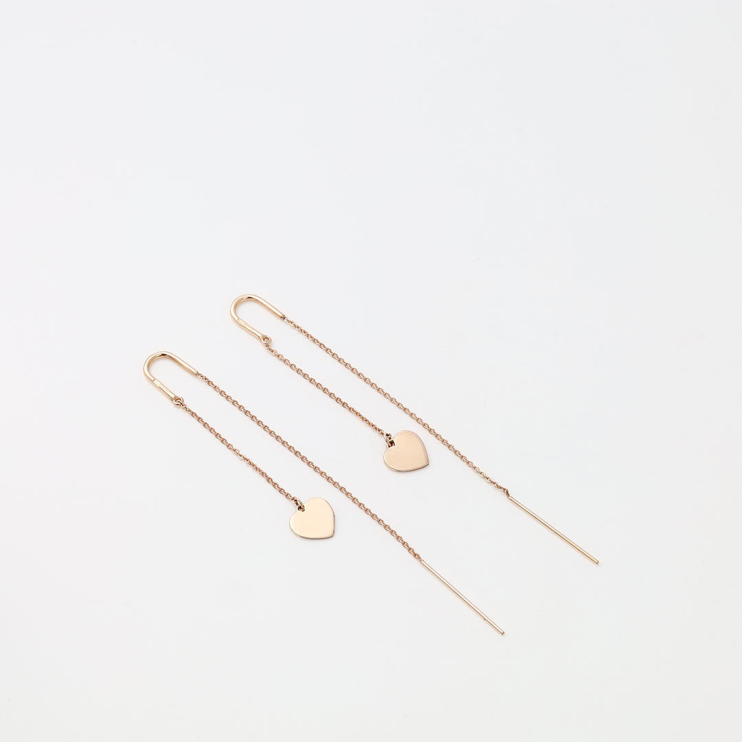 Rose gold 14k gold threader earrings with heart charms on fine chains, minimalist drop earrings, Ukrainian Jewelry for women.