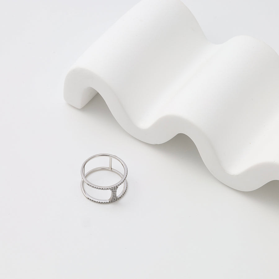 Sterling silver open band ring with cubic zirconia on white display, Ukrainian Jewelry, minimalist silver ring, dainty stacking ring.