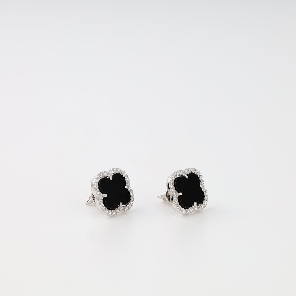 Sterling silver black clover stud earrings with crystal border, minimalist Ukrainian Jewelry, silver stud earrings for women.