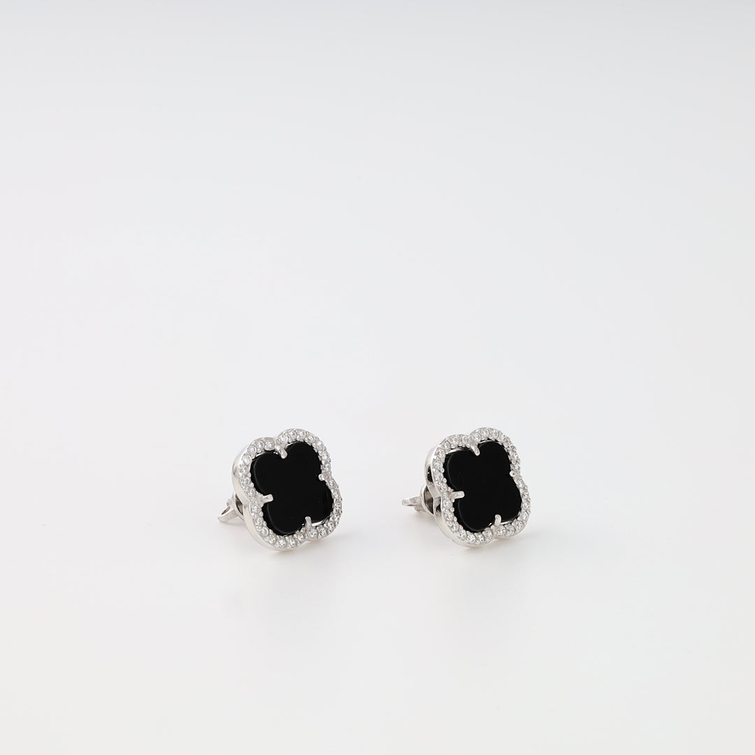 Sterling silver black clover stud earrings with crystal border, minimalist Ukrainian Jewelry, silver stud earrings for women.