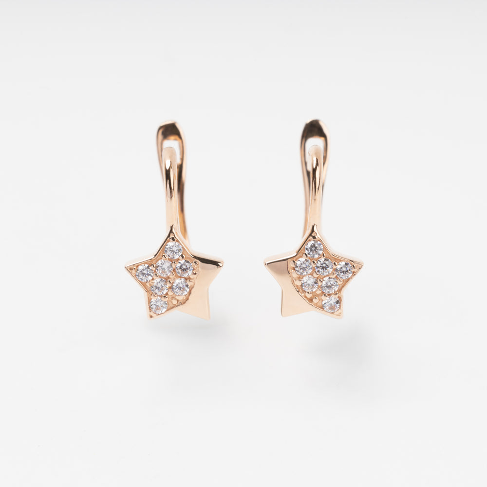 Rose gold star drop earrings with clear stones, 14k gold dangle earrings for women, Ukrainian Jewelry, minimalist star jewelry.