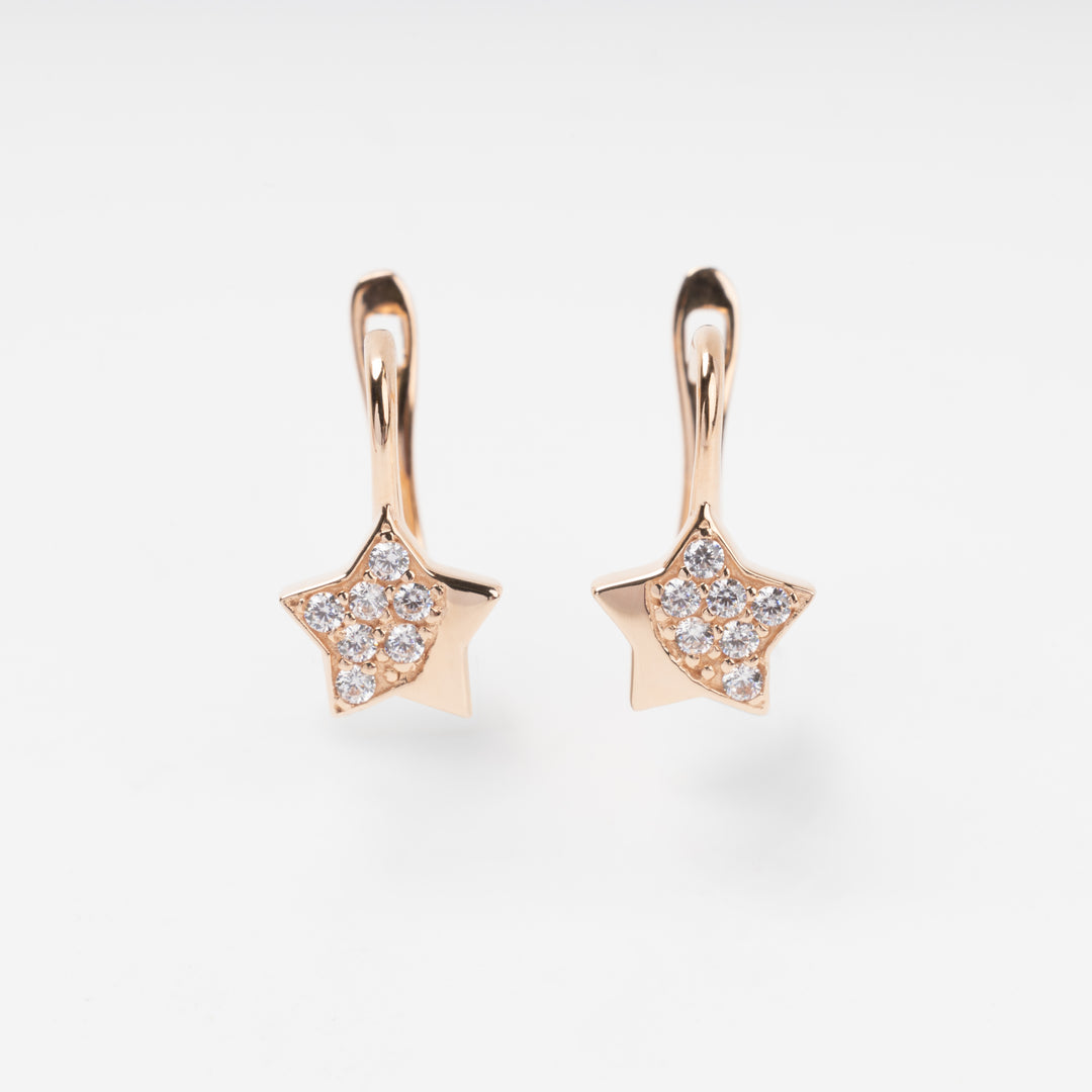 Rose gold star drop earrings with clear stones, 14k gold dangle earrings for women, Ukrainian Jewelry, minimalist star jewelry.