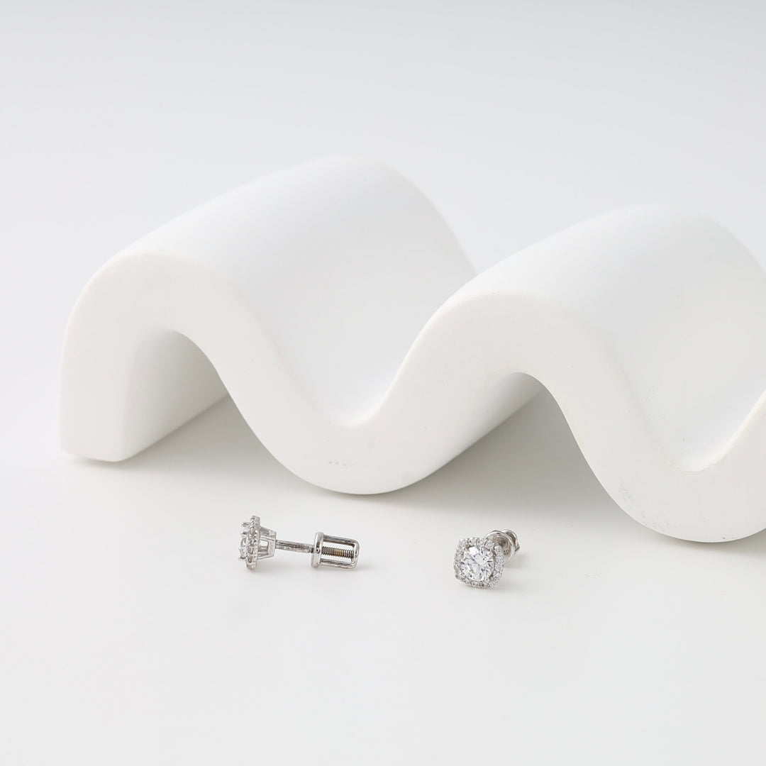 Sterling silver halo stud earrings with clear stones on white display, Ukrainian Jewelry, perfect diamond stud earring gift.