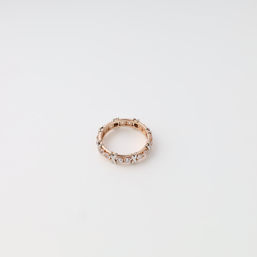 Rose gold ring with round clear stones in claw settings, Ukrainian Jewelry eternity band, gold wedding ring, stacking ring on white.