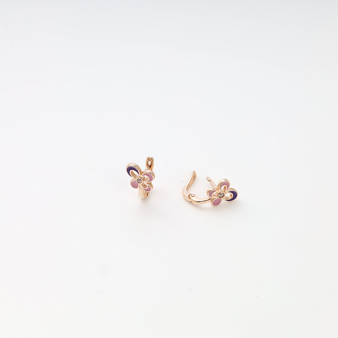 Rose gold flower stud earrings with pink and purple enamel, kids gold earrings, Ukrainian Jewelry for girl gift.