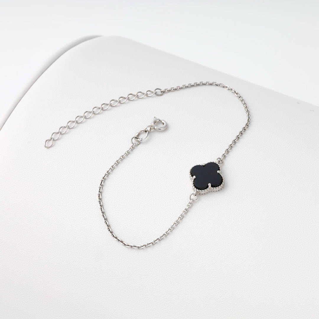 Sterling silver bracelet with black clover charm, adjustable chain, Ukrainian Jewelry, minimalist silver bracelet gift for women.
