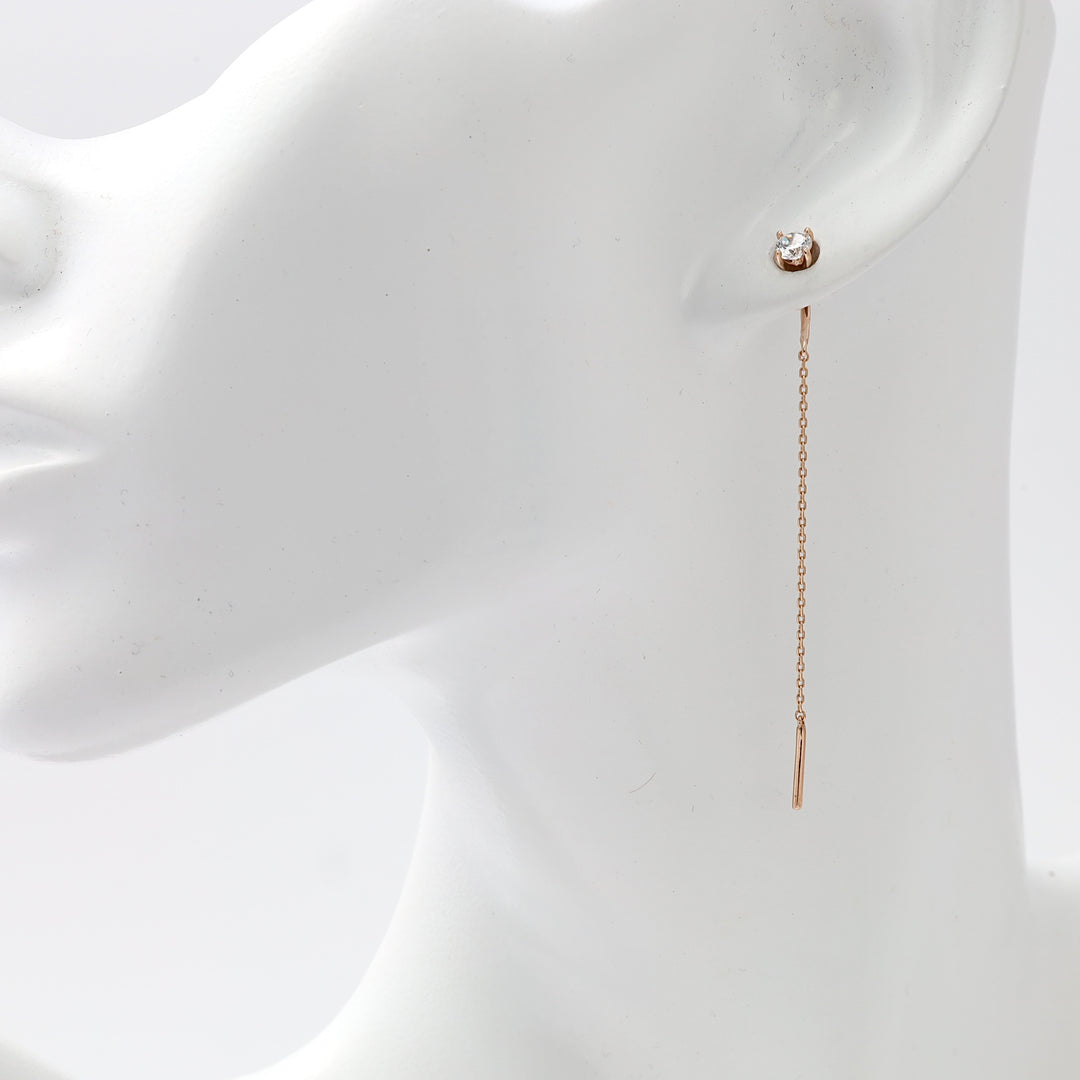 Rose gold threader earring with long chain bar drop on ear display, delicate gold dangle Ukrainian Jewelry for minimalist earring shoppers.