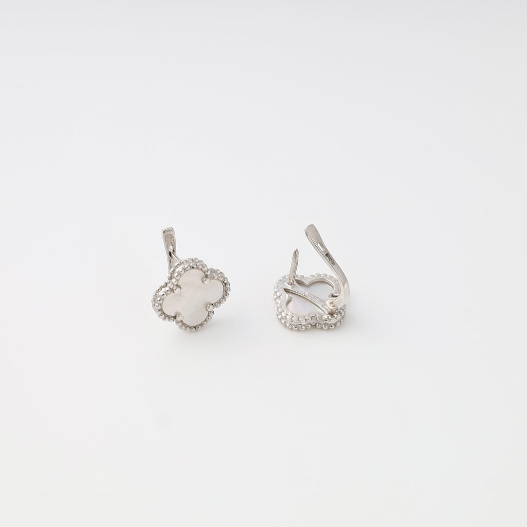 Sterling silver clover leverback earrings with white mother of pearl inlay, Ukrainian Jewelry, dainty silver earrings gift.