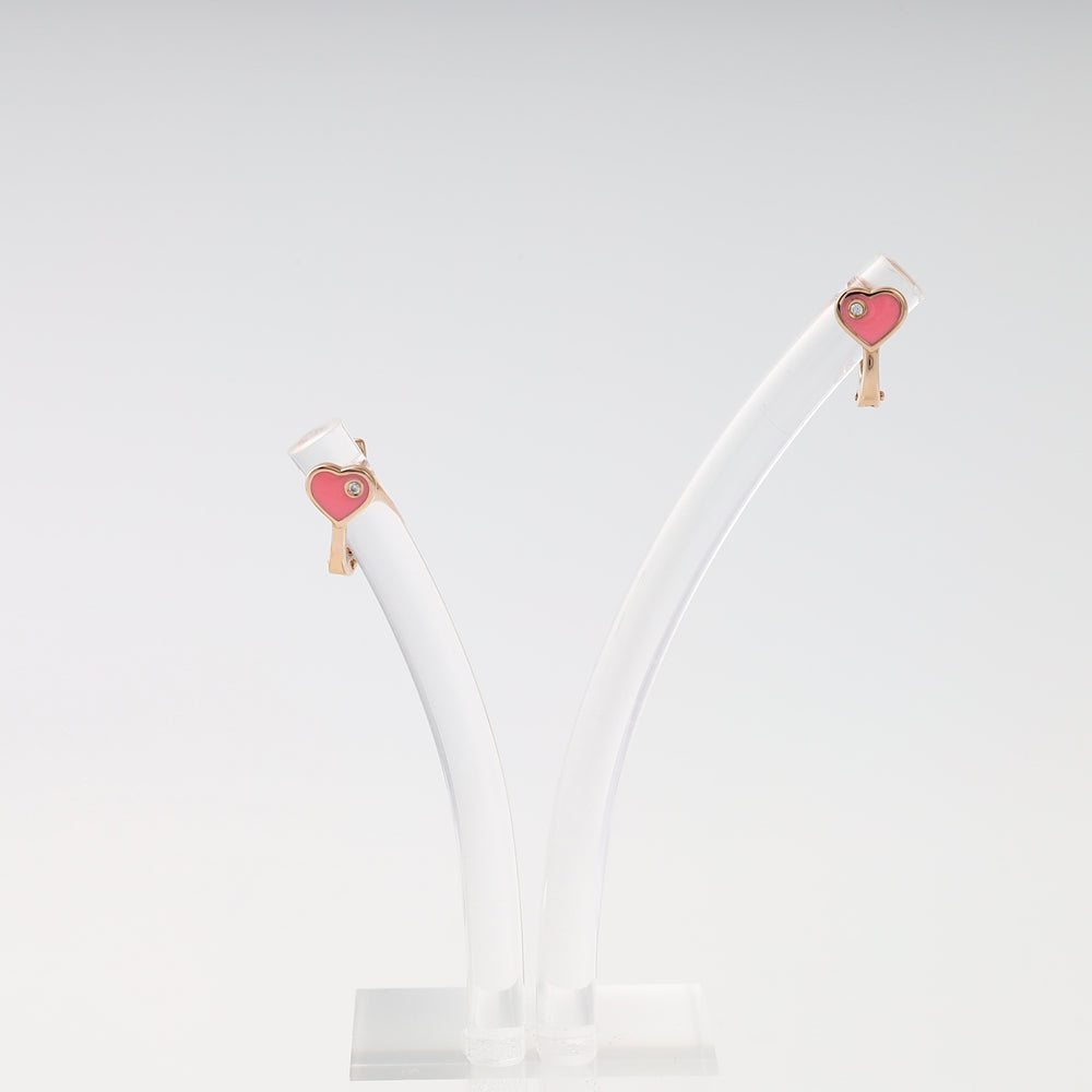 14k gold pink heart key stud earrings with tiny stone detail on clear stand, romantic gift Ukrainian Jewelry, cute gold earrings.