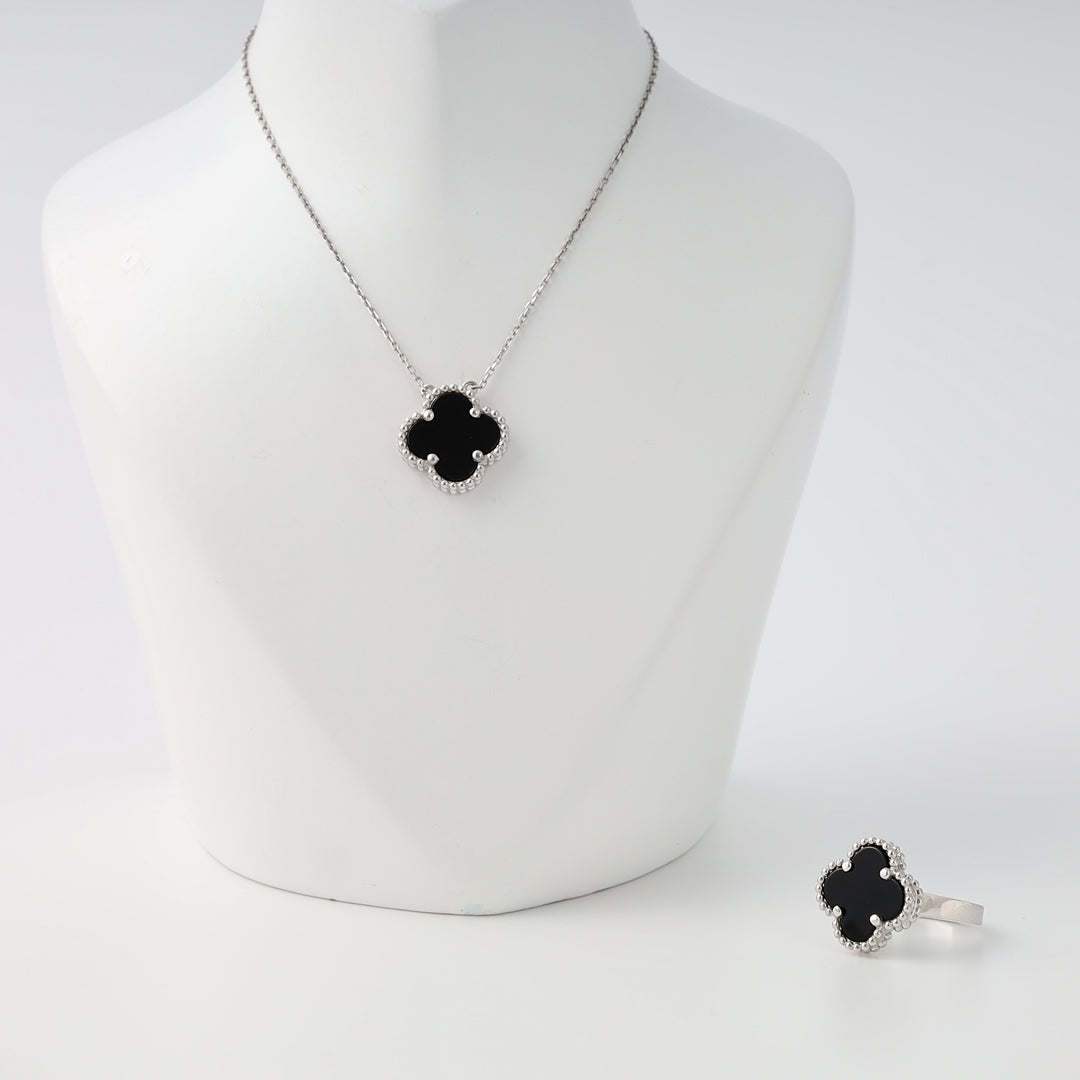 Sterling silver clover pendant necklace and matching black onyx clover ring set, elegant Ukrainian Jewelry gift.