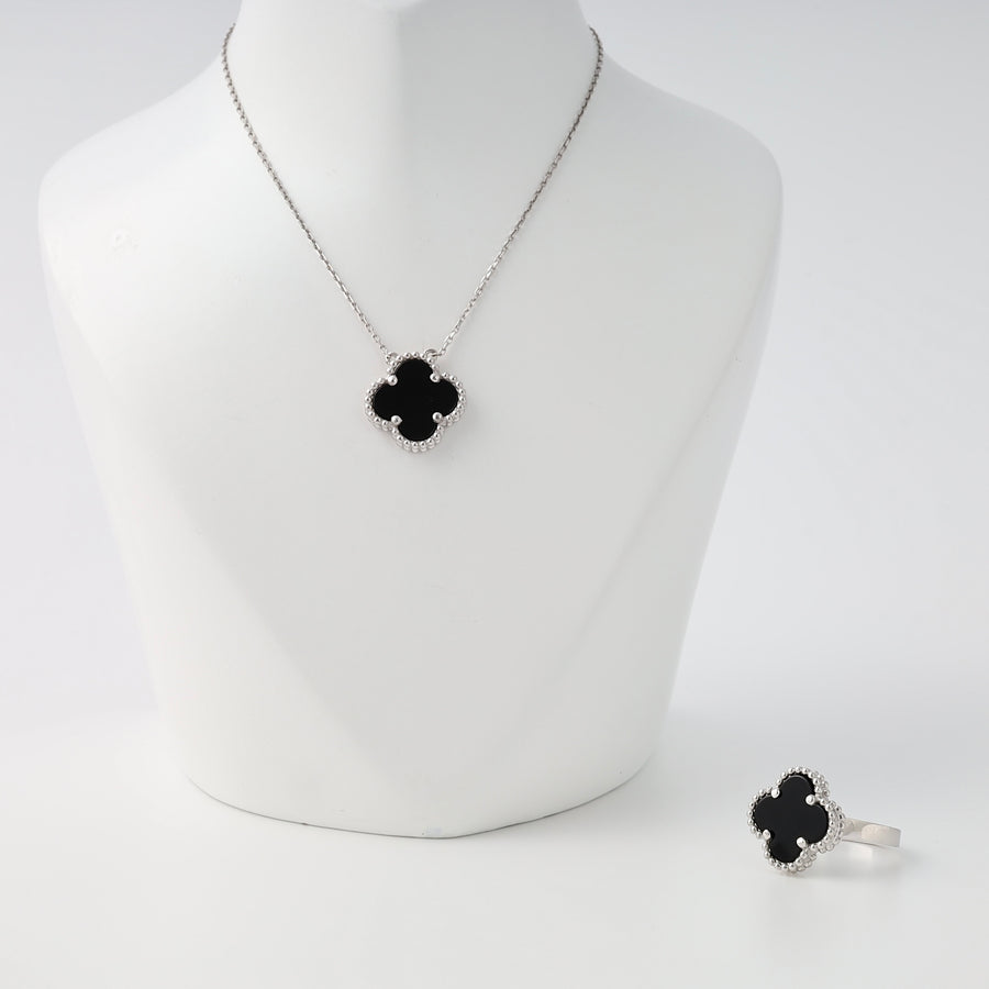 Sterling silver clover pendant necklace and matching black onyx clover ring set, elegant Ukrainian Jewelry gift.