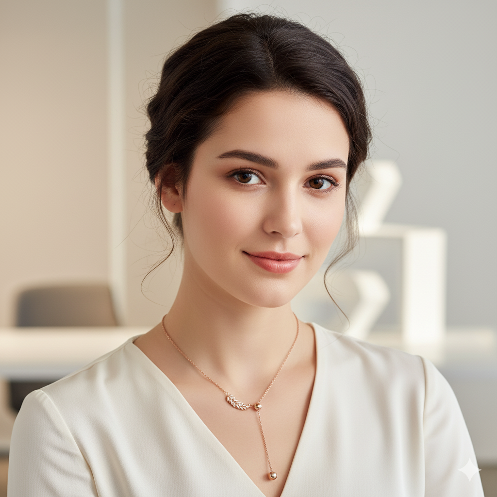 Woman wearing a gold lariat necklace with a pendant, styled with a white blouse in a softly lit modern room.