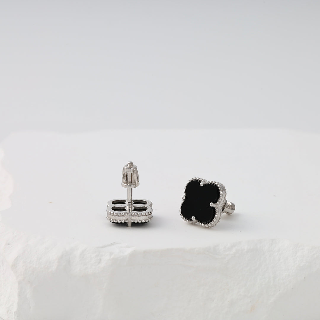 Sterling silver clover stud earrings with black enamel, minimalist Ukrainian Jewelry, silver stud earrings for women.