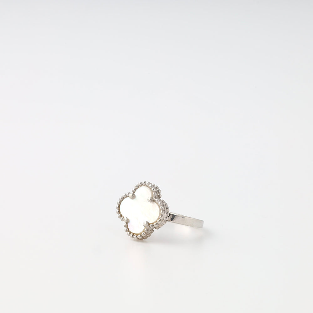 Sterling silver ring with mother of pearl quatrefoil motif on white background, Ukrainian Jewelry, silver clover ring gift.